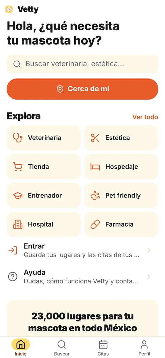 Pantalla de inicio de la app de Vetty